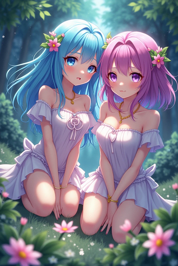 nsfw,Two Girls,Stick your butt out,on stomach,from behind,On all fours,Nipples,Sex,Light blue hair,Light pink hairstyles，Cat ear，Pink Eyes，light blue lolita，White socks，,Pink ribbon,Laughing with your mouth open,Best image quality,Highest quality