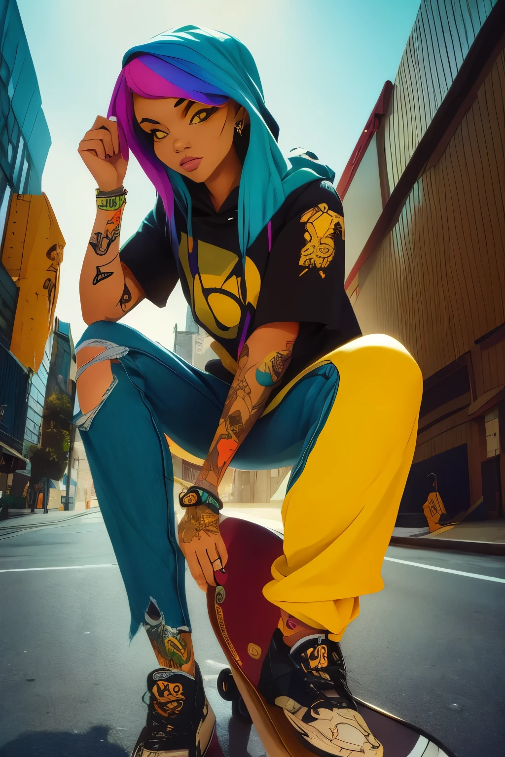 The most beautiful and sexy skateboard girl, rainbow colored hair, yellow eyes, wearing hoodie, graphic t-shirt, torn skinny jeans and highly detailed skateboard gear, tons of tattoos and piercings, highly detailed background, perfect masterpiece, high quality, high resolution