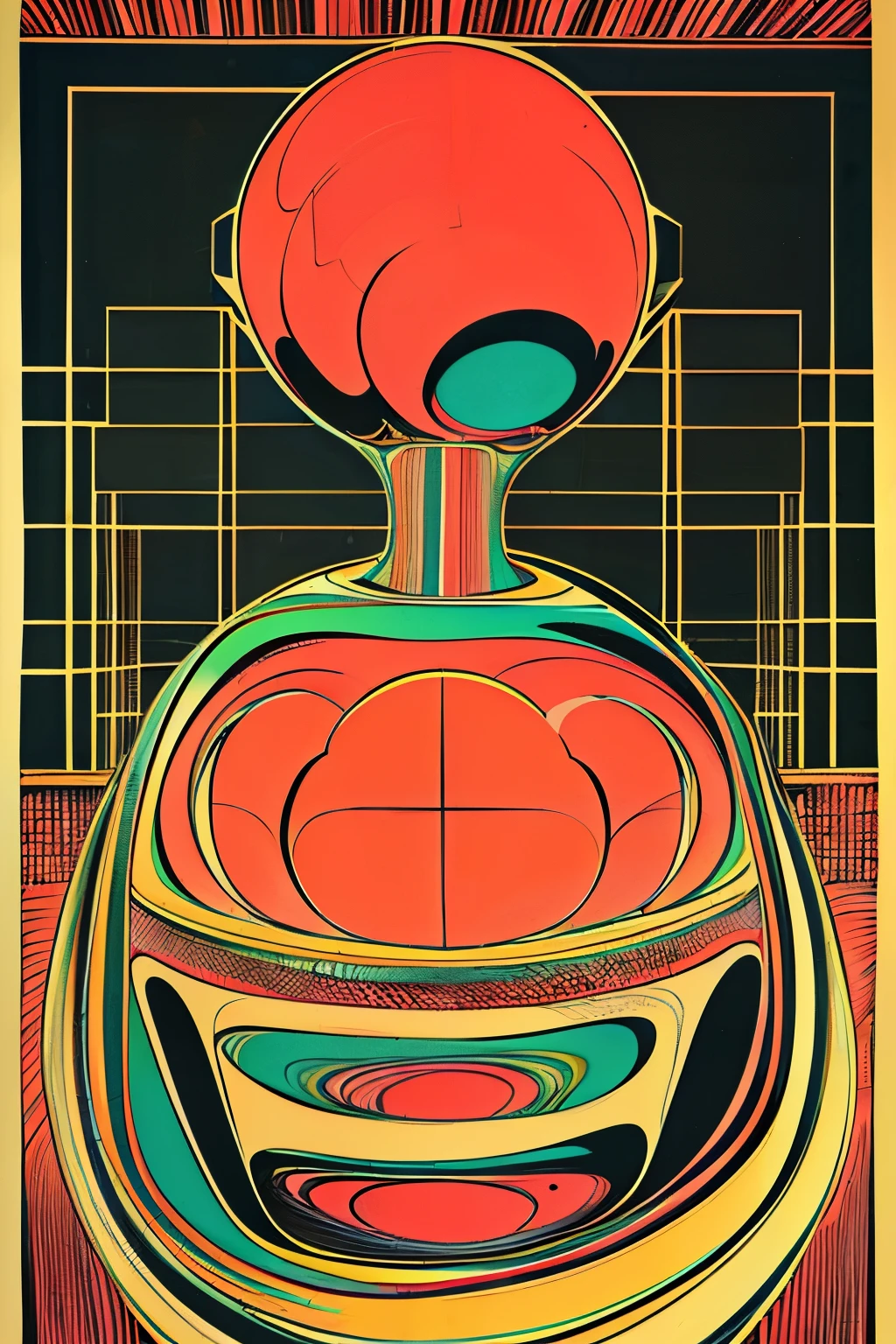 Anatomical model of a human created by Le Corbusier,2D Art, Line art,  1970s comics, Geometric , spiral stage, ancient earthenware , Ancient costume,  Retrofuturism ,  surrealism ,  Minimalism ,  line noise ,  old cartoon paper 