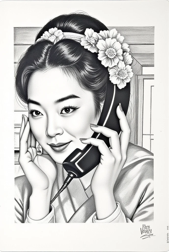 Japanese Lady in the wooden house talking in the phone pencil drawing ,wong-chan-flux