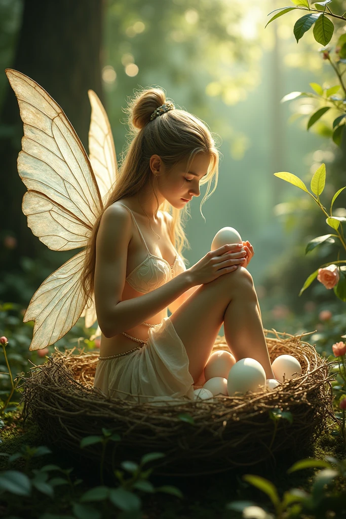 An enchanting plump fairy with translucent wings with man sits on naked man, insert dick into her vagina, a vivid array of wildflowers, her crystalline figure mirroring the radiant charm of a sun-kissed meadow,