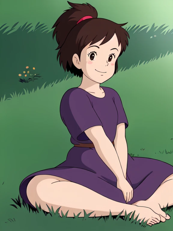 Kiki,1 ,Alone,(Tune:1.5),Tune waist,  brown eyes,  black hair , 24 years old, sitting,  Looking at the viewer, field, smile, Blush, purple dress, Retro style, Ghibli,  thick thighs , barefoot, whole body, HEAD ON,  Open Legs , lift dress