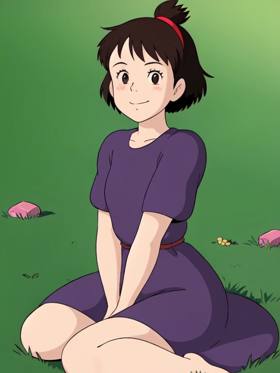 Kiki,1 ,Alone,(Tune:1.5),Tune waist,  brown eyes,  black hair , 24 years old, sitting,  Looking at the viewer, field, smile, Blush, purple dress, Retro style, Ghibli,  thick thighs , barefoot, whole body, HEAD ON,  Open Legs , lift dress