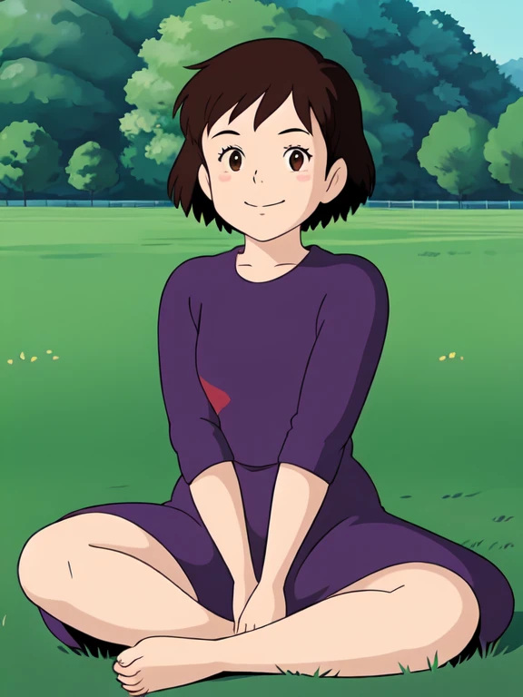 Kiki,1 ,Alone,(Tune:1.5),Tune waist,  brown eyes,  black hair , 24 years old, sitting,  Looking at the viewer, field, smile, Blush, purple dress, Retro style, Ghibli,  thick thighs , barefoot, whole body, HEAD ON,  Open Legs , lift dress