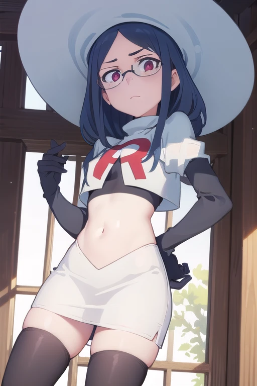 (((pixel-perfect, detail-perfect))), solo, 1girl, ursula callistis, witch, looking at viewer, glasses, team rocket,team rocket uniform,white skirt,red letter R,crop top,black thigh-highs,black elbow gloves, witch hat, cowboy shot,