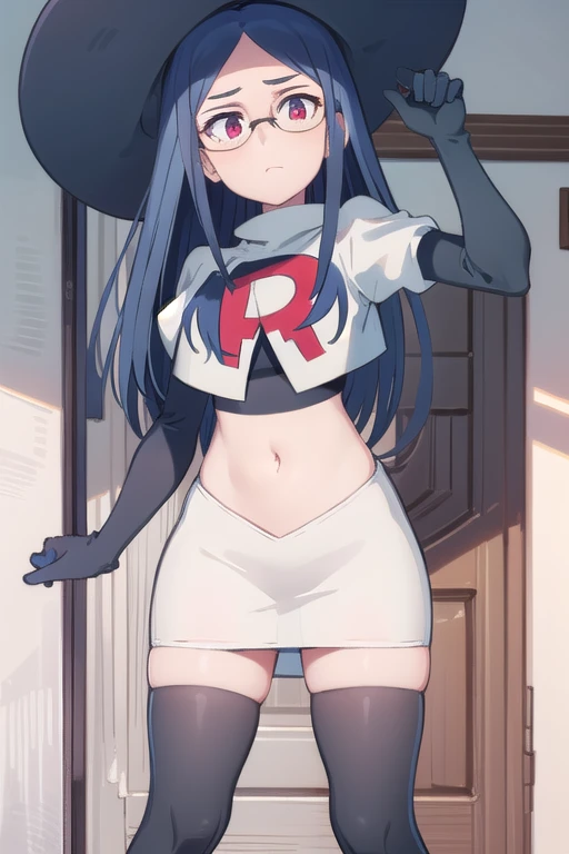 (((pixel-perfect, detail-perfect))), solo, 1girl, ursula callistis, witch, looking at viewer, glasses, team rocket,team rocket uniform,white skirt,red letter R,crop top,black thigh-highs,black elbow gloves, witch hat, cowboy shot,