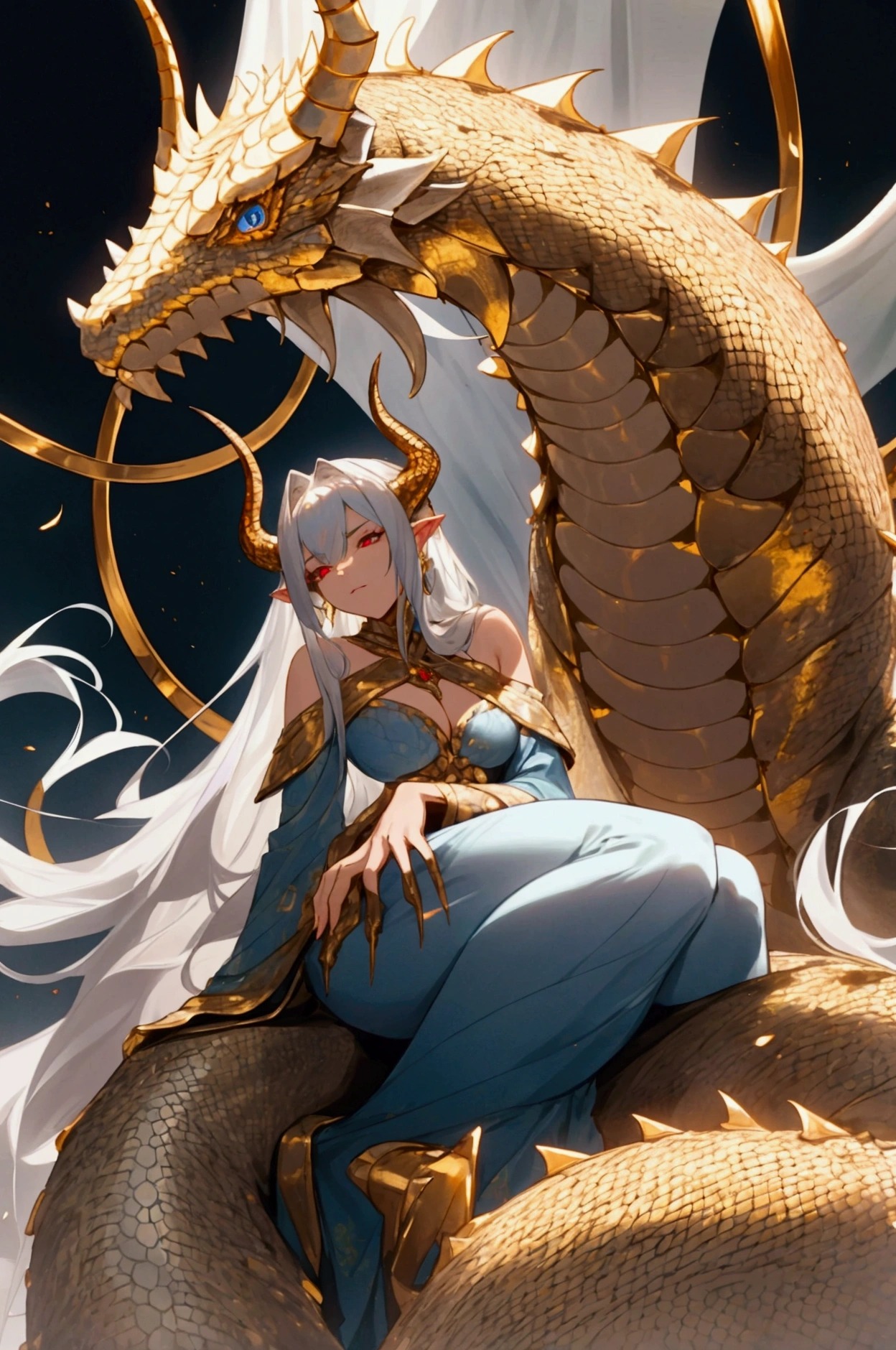 Keizer Ghidorah. female dragon. mesukemo. Dull golden color. Blue as secondary color. three heads. Walking on four legs. dress. crown. anime style.