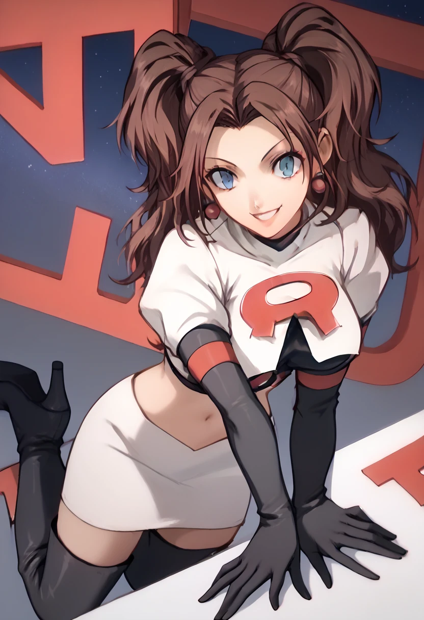 Team rocket, team rocket uniform, red letter R, white skirt,white crop top,black thigh-high boots, black elbow gloves, evil smile, night sky background, earrings, large breasts, high-heeled boots, rise kujikawa, brown hair, twintails