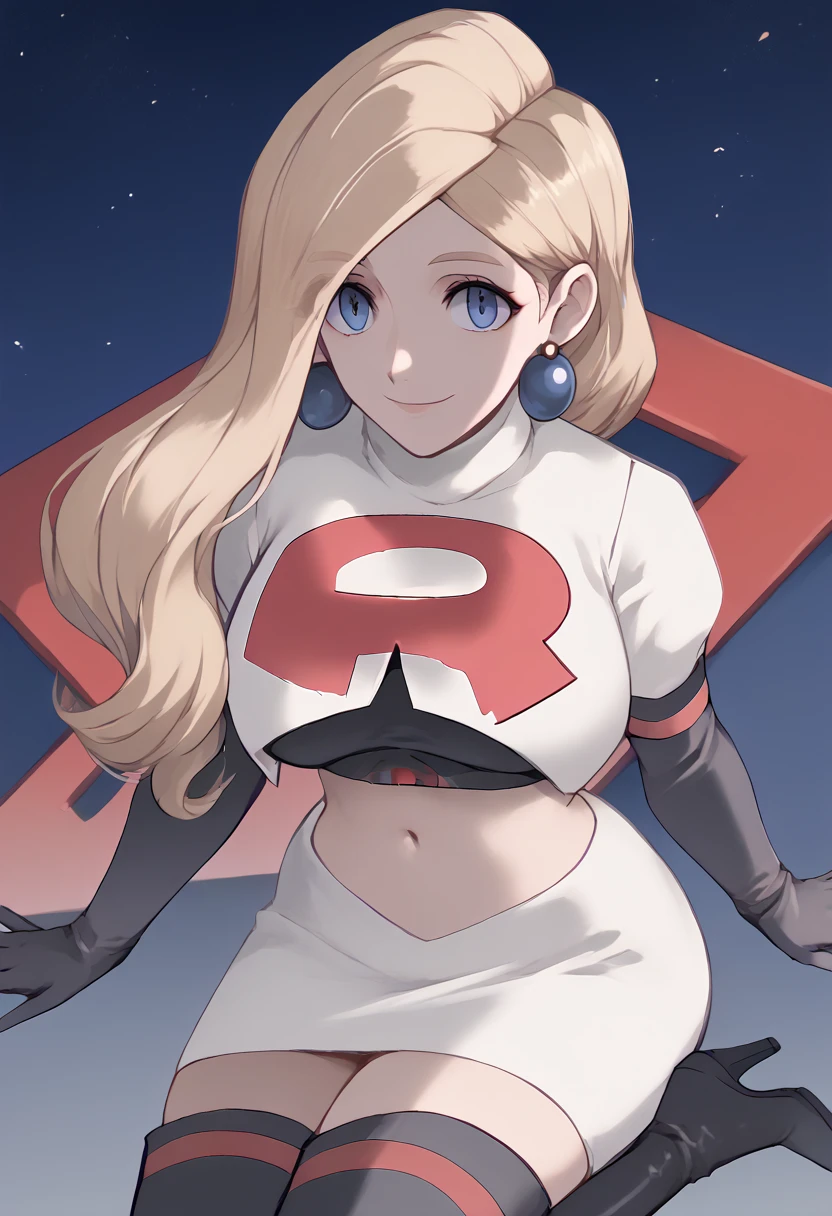 Team rocket, team rocket uniform, red letter R, white skirt,white crop top,black thigh-high boots, black elbow gloves, evil smile, night sky background, earrings, large breasts, high-heeled boots, Mercedes Von Martritz, light brown hair,