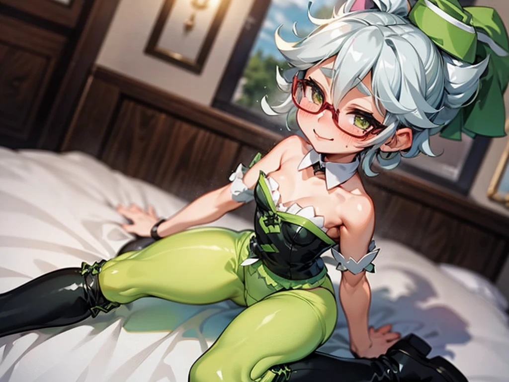  High Quality,Marie, sit on bed,Green tights,Leg spread, full body is shown