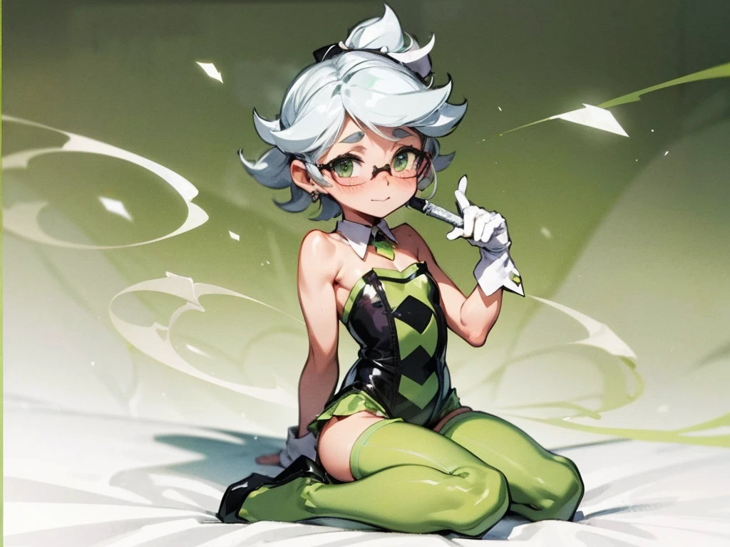  High Quality,Marie, sit on bed,Green tights,Leg spread, full body is shown