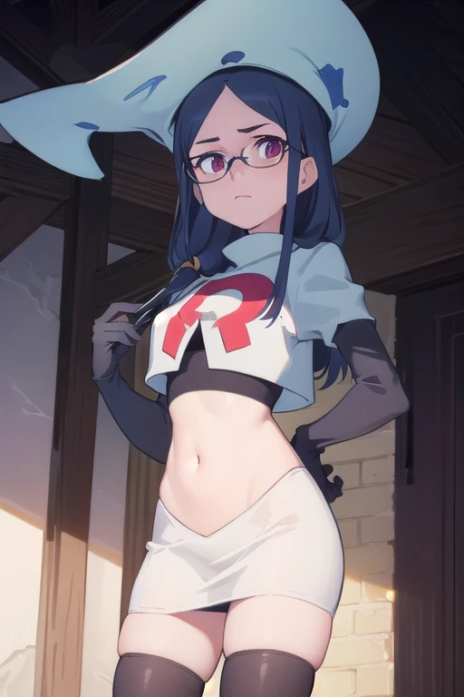 (((pixel-perfect, detail-perfect))), solo, 1girl, ursula callistis, witch, looking at viewer, glasses, team rocket,team rocket uniform,white skirt,red letter R,crop top,black thigh-highs,black elbow gloves, witch hat, cowboy shot,