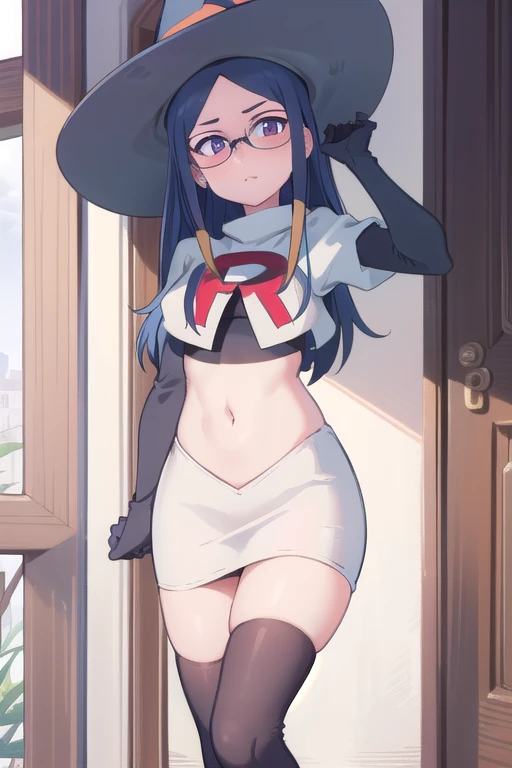 (((pixel-perfect, detail-perfect))), solo, 1girl, ursula callistis, witch, looking at viewer, glasses, team rocket,team rocket uniform,white skirt,red letter R,crop top,black thigh-highs,black elbow gloves, witch hat, cowboy shot,