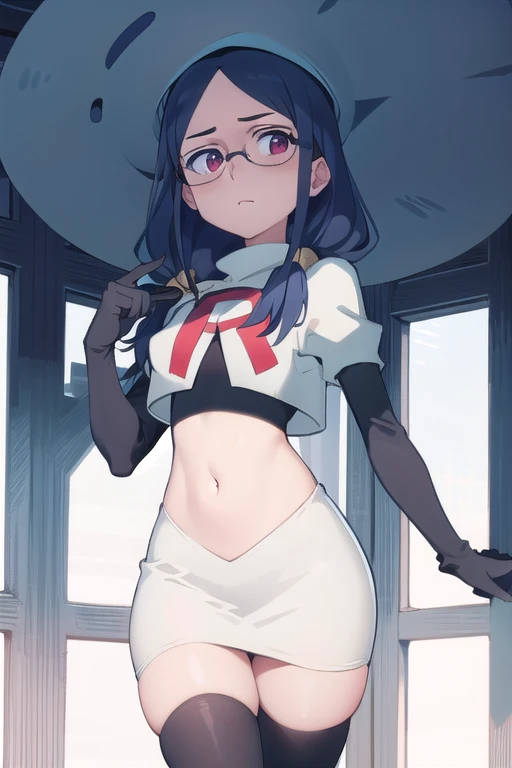 (((pixel-perfect, detail-perfect))), solo, 1girl, ursula callistis, witch, looking at viewer, glasses, team rocket,team rocket uniform,white skirt,red letter R,crop top,black thigh-highs,black elbow gloves, witch hat, cowboy shot,