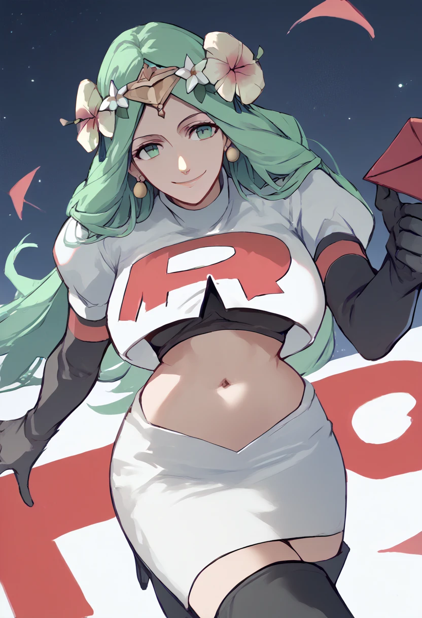 Team rocket, team rocket uniform, red letter R, white skirt,white crop top,black thigh-high boots, black elbow gloves, evil smile, night sky background, earrings, large breasts, high-heeled boots, Rhea, green hair