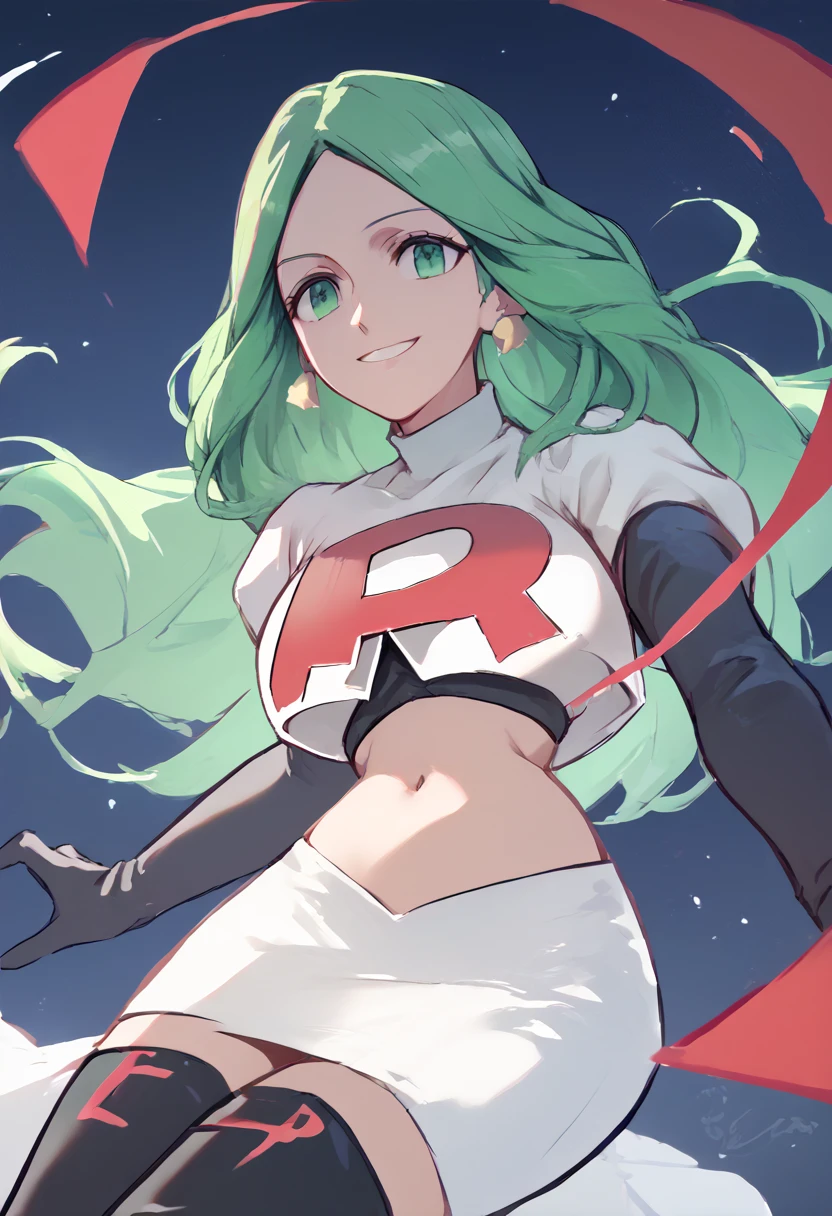 Team rocket, team rocket uniform, red letter R, white skirt,white crop top,black thigh-high boots, black elbow gloves, evil smile, night sky background, earrings, large breasts, high-heeled boots, Rhea, green hair