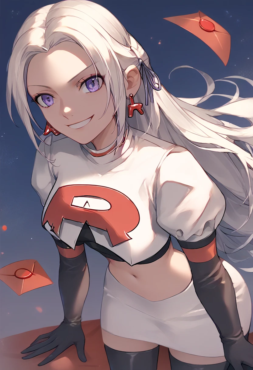 Team rocket, team rocket uniform, red letter R, white skirt,white crop top,black thigh-high boots, black elbow gloves, evil smile, night sky background, earrings, large breasts, high-heeled boots, Edelgard, white hair, purple eyes