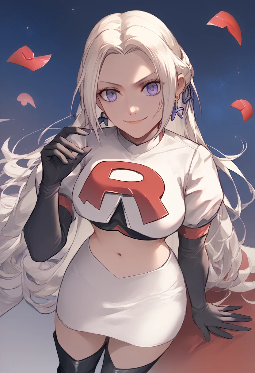 Team rocket, team rocket uniform, red letter R, white skirt,white crop top,black thigh-high boots, black elbow gloves, evil smile, night sky background, earrings, large breasts, high-heeled boots, Edelgard, white hair, purple eyes