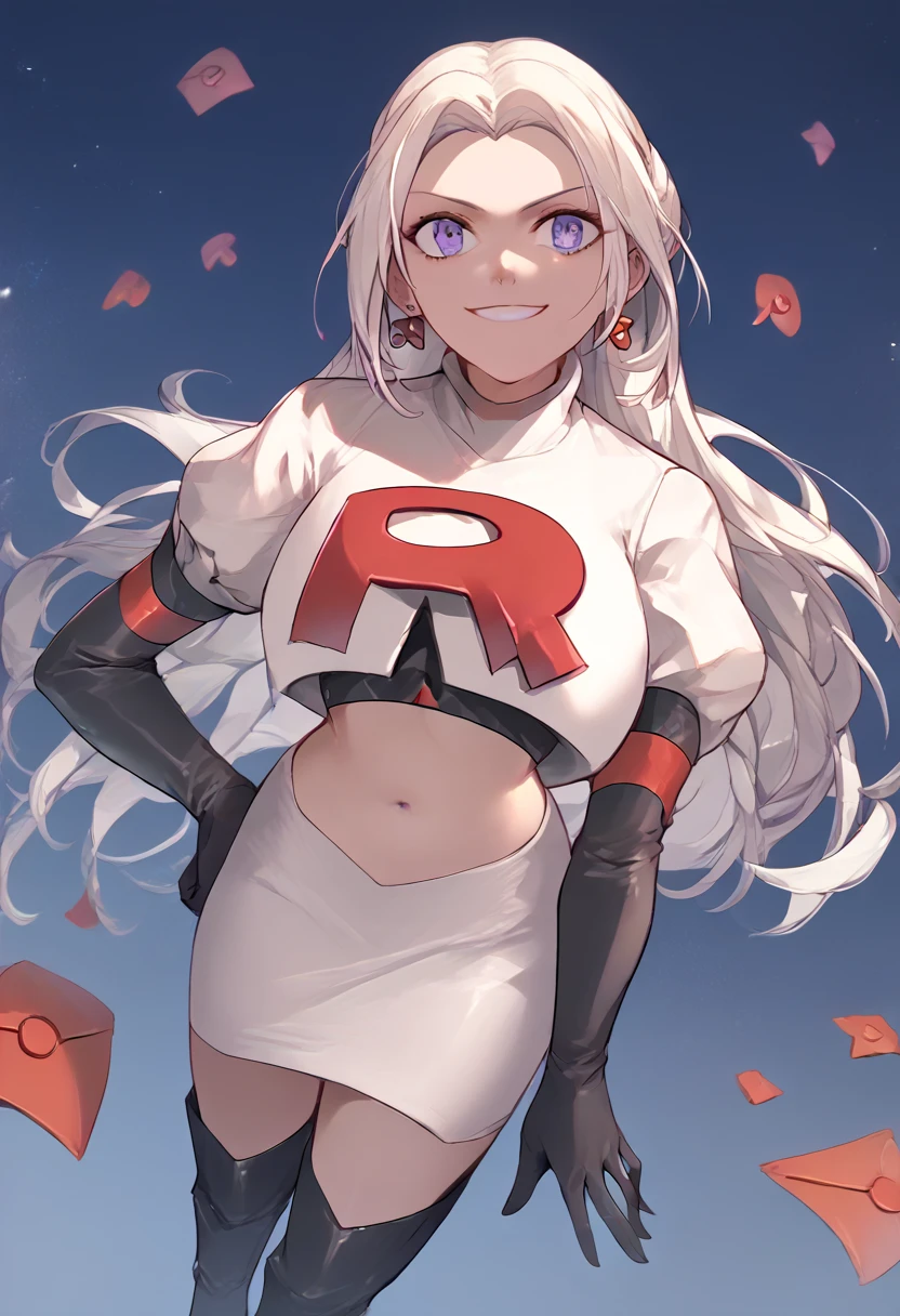 Team rocket, team rocket uniform, red letter R, white skirt,white crop top,black thigh-high boots, black elbow gloves, evil smile, night sky background, earrings, large breasts, high-heeled boots, Edelgard, white hair, purple eyes