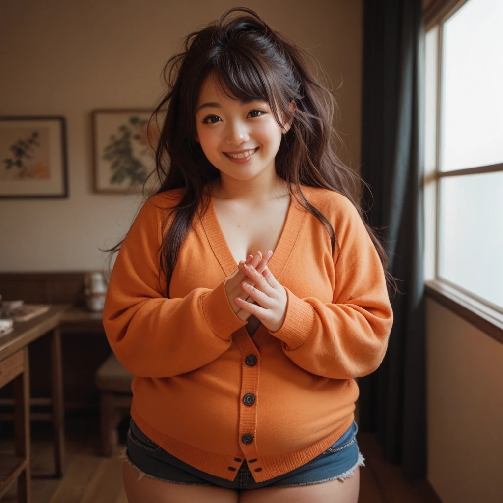 High detailed, 1 japanese girl, chubby, ample bosom, large orange-colored blouse, Very long sleeves, sleeves covering hands, long spiked hair, mini shorts, shi Smile, cardigan