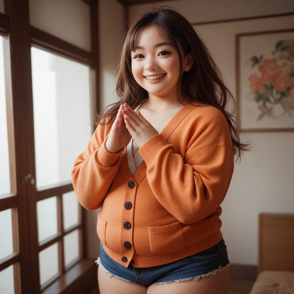 High detailed, 1 japanese girl, chubby, ample bosom, large orange-colored blouse, Very long sleeves, sleeves covering hands, long spiked hair, mini shorts, shi Smile, cardigan