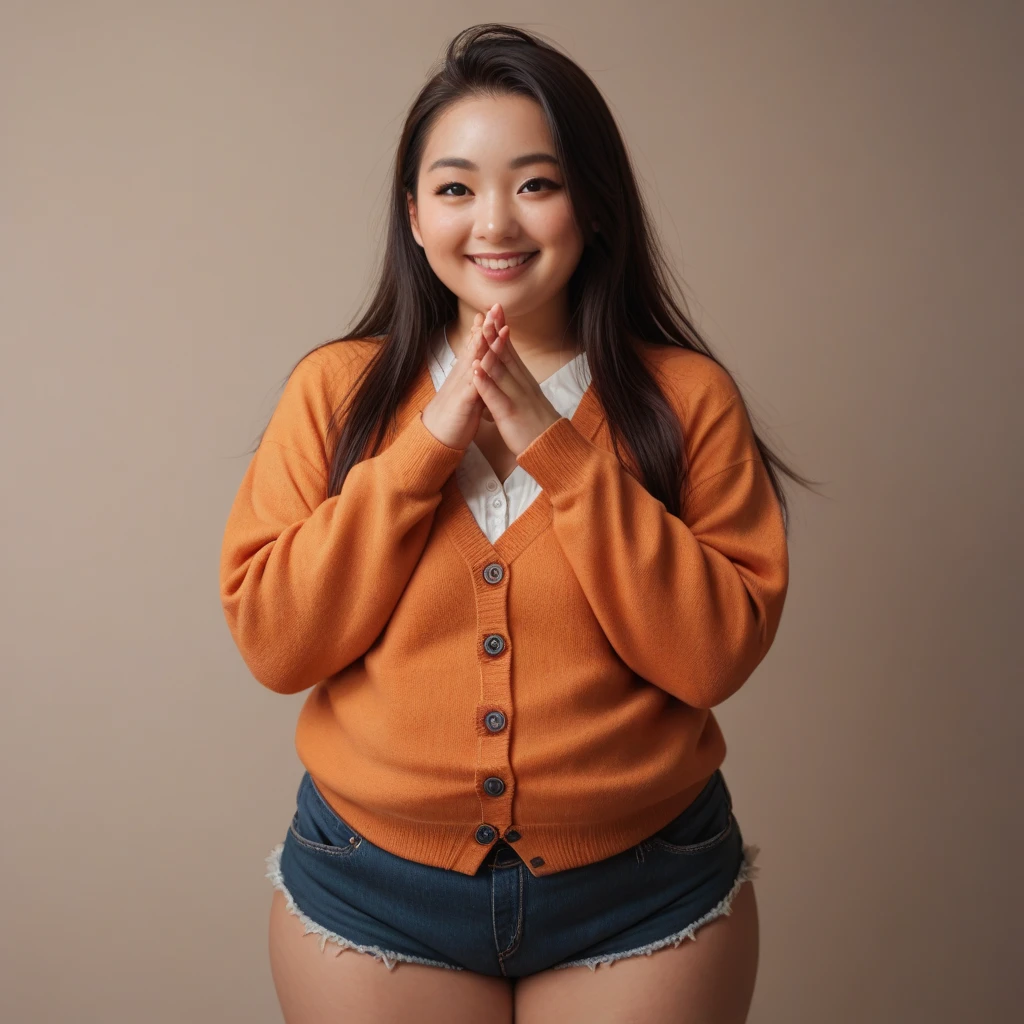 High detailed, 1 japanese girl, chubby, ample bosom, large orange-colored blouse, Very long sleeves, sleeves covering hands, long spiked hair, mini shorts, shi Smile, cardigan