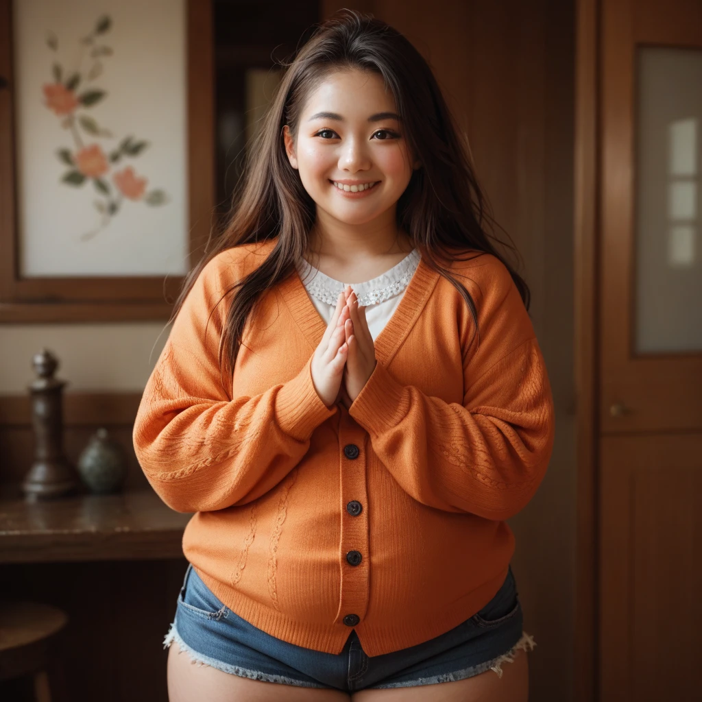 High detailed, 1 japanese girl, chubby, ample bosom, large orange-colored blouse, Very long sleeves, sleeves covering hands, long spiked hair, mini shorts, shi Smile, cardigan