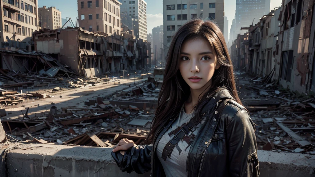 masterpiece, high resolution,8K,(Portrait Photos:1.5),(R Original Photo),Reality,Digital Photography,(Apocalyptic ruins ),City ruins，beautiful 20 year old woman，sentry， post-apocalyptic scene，Medium distance photography， torn clothes 