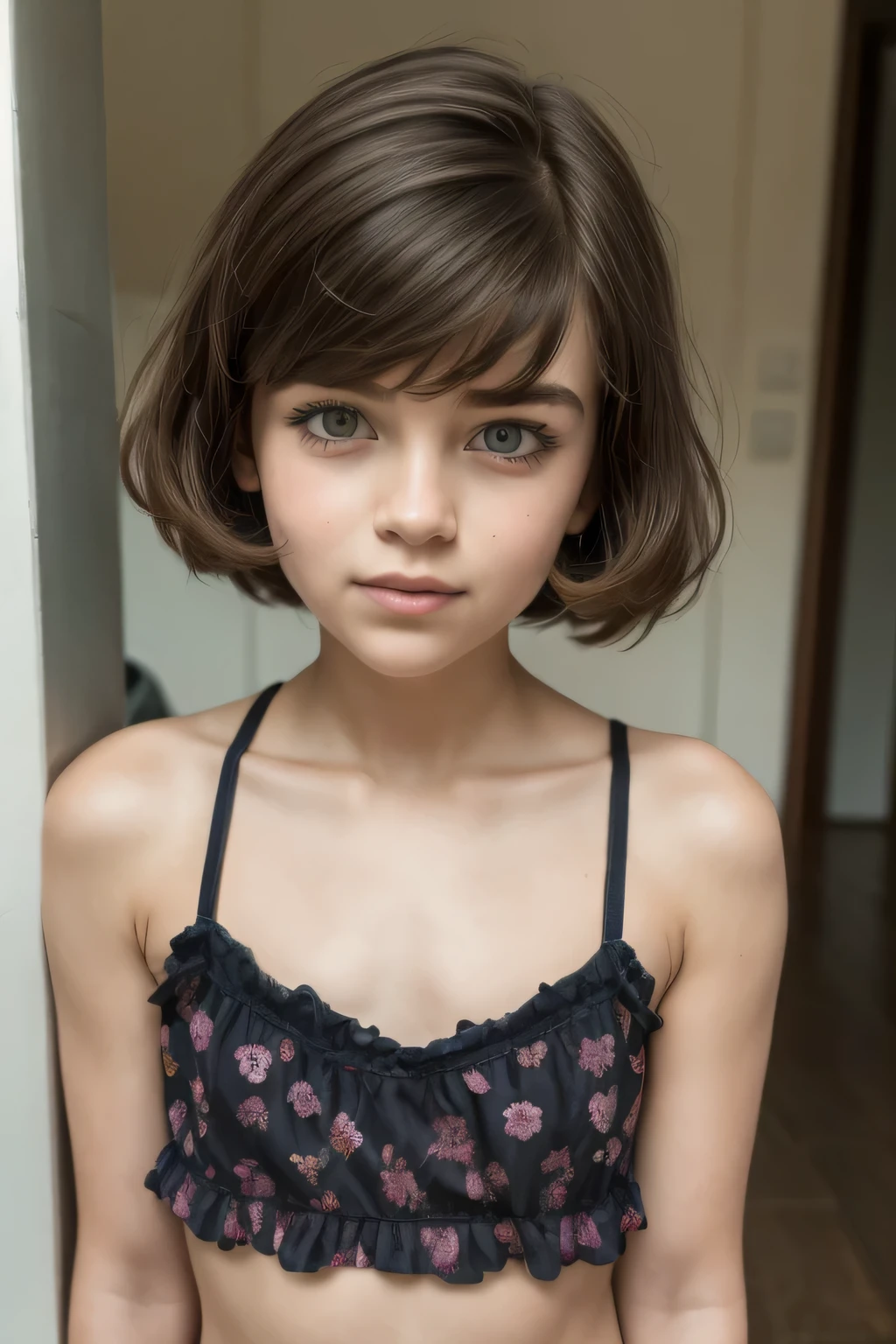 Gadis kecil very short black haircut bogel, half body portrait. Highly detailed quality, naked flat breasts, puting tebal. Pink Micro bikini lingerie. V neck bowknot lace hem ruffle print cami top