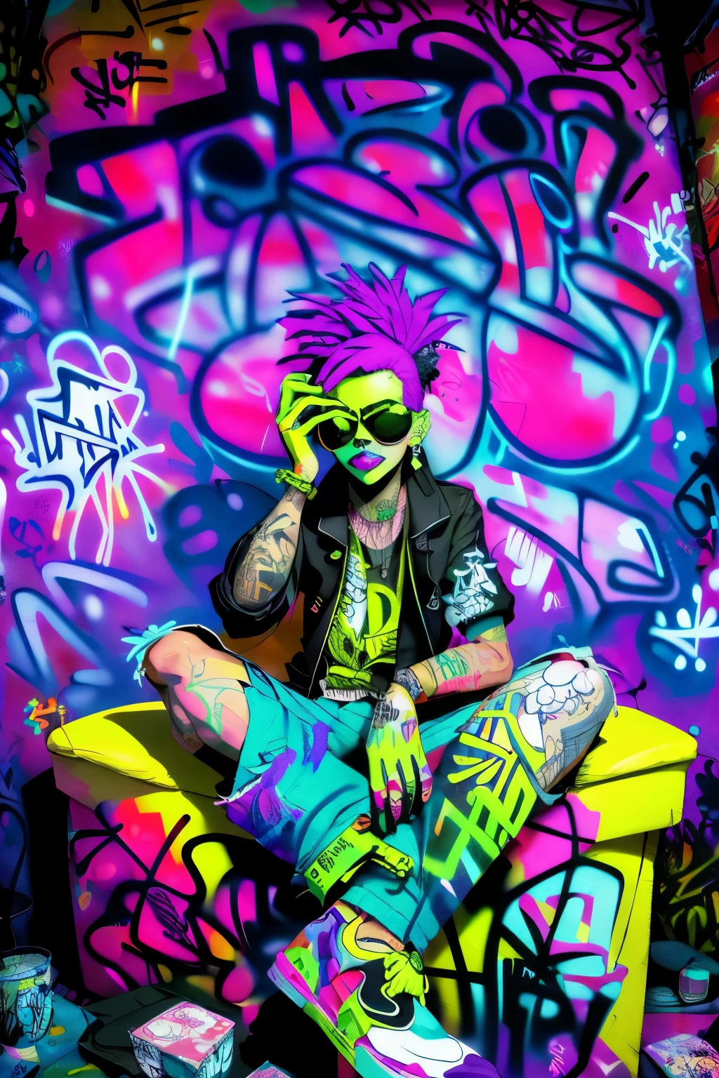 HD, (Best Detail) (Best Quality), Aalfi woman in sunglasses sitting in chair on sofa, (((Graffiti art))), (((Trigger studio style, graffiti art, rock punk, neon colors))), Carne Griffiths