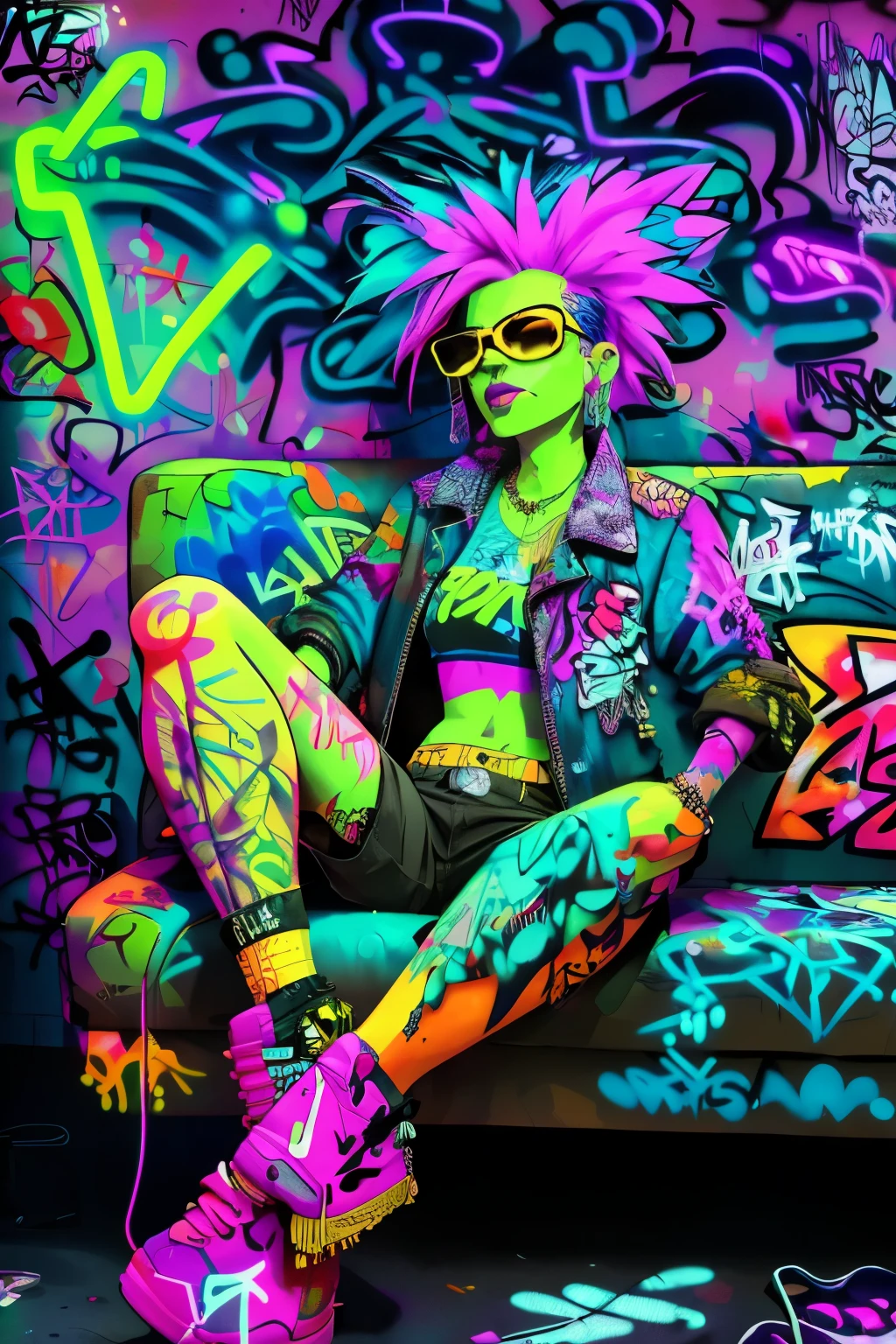 HD, (Best Detail) (Best Quality), Aalfi woman in sunglasses sitting in chair on sofa, (((Graffiti art))), (((Trigger studio style, graffiti art, rock punk, neon colors))), Carne Griffiths