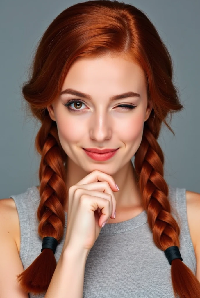 One eye closed, wink, woman, redhead, twin braids, thick eyebrows, hand on chin pose