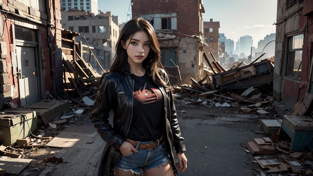 masterpiece, high resolution,8K,(Portrait Photos:1.5),(R Original Photo),Reality,Digital Photography,(Apocalyptic ruins ),City ruins，beautiful 20 year old woman，sentry， post-apocalyptic scene，Medium distance photography， torn clothes 