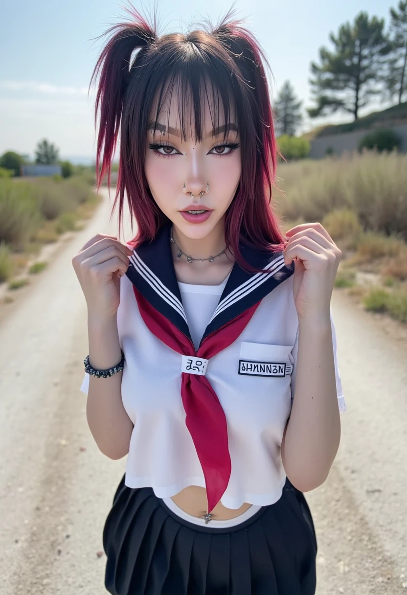 kat, goth girl, egirl, slut, slutty, 1girl, solo, jewelry, necklace, navel, breasts, midriff, realistic, outdoors, belt, selfie, crop top, japanese schoolgirl sailor outfit. The image is a high-resolution photograph of a young woman standing outdoors on a sunny day. She has a light skin tone and long, voluminous hair with auburn roots and dark brown ends, styled in a messy, tousled look with bangs. She has prominent facial features, including a septum piercing, a nose ring, and a lip ring. Her makeup is bold, featuring dark eyeliner and mascara, and she has a subtle highlight on her cheeks.