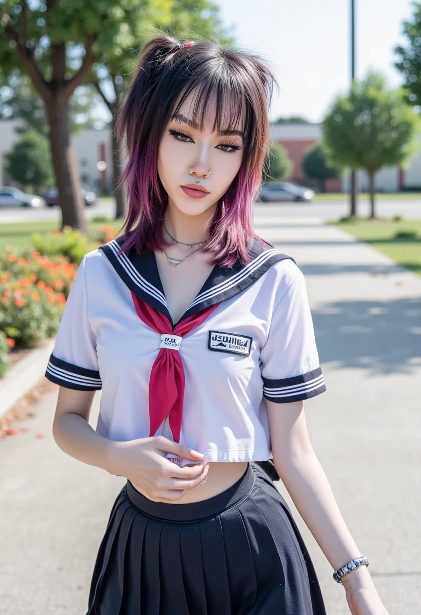 kat, goth girl, egirl, slut, slutty, 1girl, solo, jewelry, necklace, navel, breasts, midriff, realistic, outdoors, belt, selfie, crop top, schoolgirl sailor outfit. The image is a high-resolution photograph of a young woman standing outdoors on a sunny day. She has a light skin tone and long, voluminous hair with auburn roots and dark brown ends, styled in a messy, tousled look with bangs. She has prominent facial features, including a septum piercing, a nose ring, and a lip ring. Her makeup is bold, featuring dark eyeliner and mascara, and she has a subtle highlight on her cheeks.