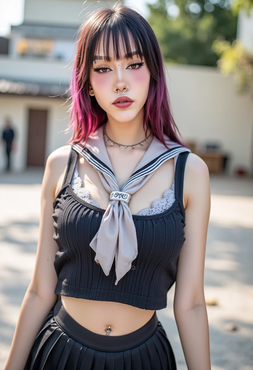 kat, goth girl, egirl, slut, slutty, 1girl, solo, jewelry, necklace, navel, breasts, midriff, realistic, outdoors, belt, selfie, crop top, schoolgirl sailor outfit. The image is a high-resolution photograph of a young woman standing outdoors on a sunny day. She has a light skin tone and long, voluminous hair with auburn roots and dark brown ends, styled in a messy, tousled look with bangs. She has prominent facial features, including a septum piercing, a nose ring, and a lip ring. Her makeup is bold, featuring dark eyeliner and mascara, and she has a subtle highlight on her cheeks.