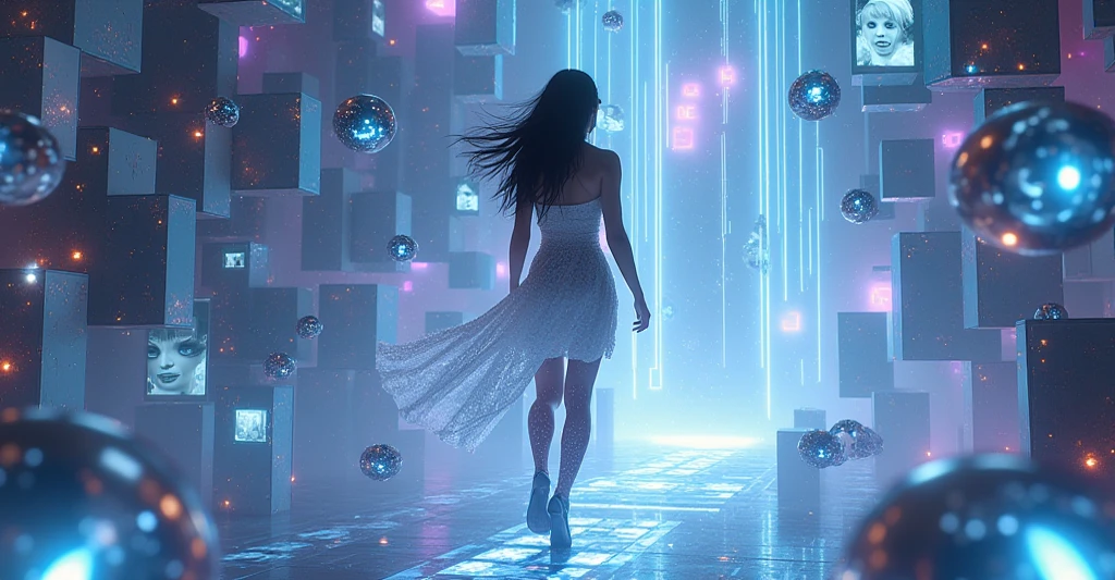  “A futuristic space full of moving geometries ,  like cubes and holographic spheres that rotate and float in the air . The Extremely Beautiful Woman ,  humanoid appearance walks or floats between streams of dynamic light,  your body begins to distort with glitches and data that come out of she.  Blurred holograms of faces or memories appear around it ,  as if trying to reach them ,  but these fade on contact .  The colors become more vivid , with bright blue tones ,  purple and silver sparkles ,  while the space seems to become more chaotic and intense .”