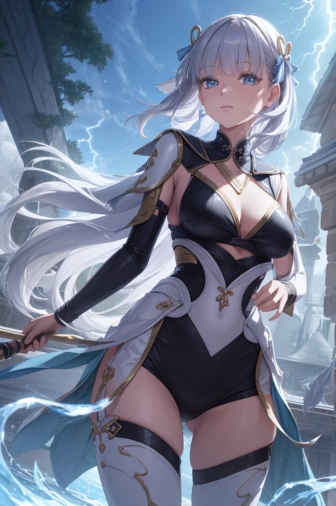 ( Best Quality ,4K,8k, high resolution ,masterpiece:1.2), extremely detailed,Mature Woman,, magic ,Charm,joy, Holy Goddess , magic al effect,Silver Hair, blue eyes,One-piece rubber suit，boots，Thunder and Lightning，dragon，fighting