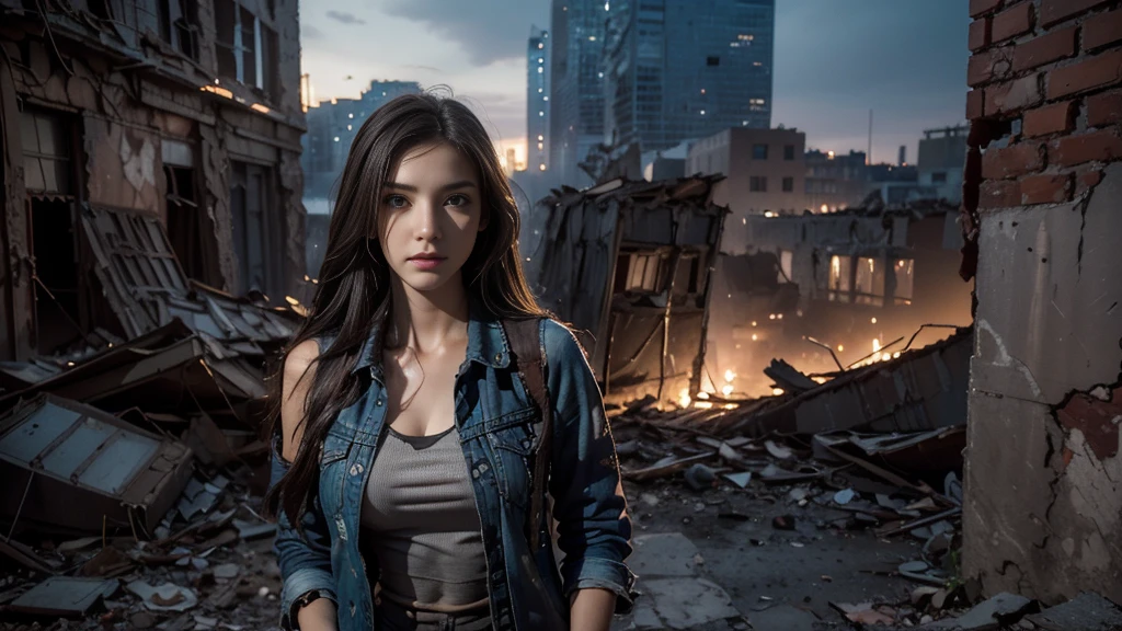 masterpiece, high resolution,8K,(Portrait Photos:1.5),(R Original Photo),Reality,Digital Photography,(Apocalyptic ruins ),City ruins，beautiful 20 year old woman，sentry， post-apocalyptic scene，Medium distance photography， torn clothes 