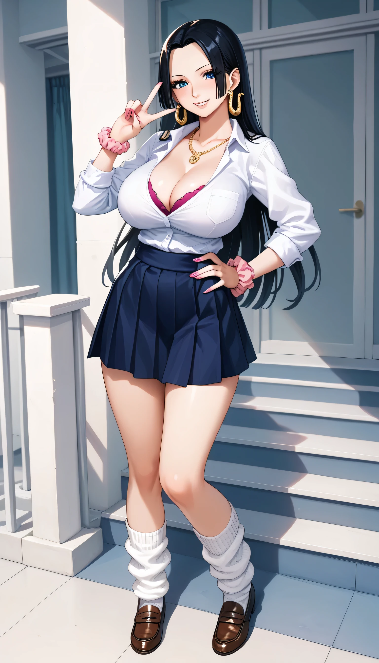 Milf, motherly,  Boa Hancock, Black Hair, blue eyes, Long Hair, forehead, large Breasts, gyaru, 1girl, kogal, loose_socks, solo, jewelry, clothes_around_waist, breasts, wrist_scrunchie, sweater_around_waist, skirt, full_body, large_breasts, necklace, school_uniform, smile, looking_at_viewer, cleavage, scrunchie, socks, hand_on_hip, earrings, bracelet, shoes, loafers, v, nail_polish, sweater, black_skirt, blush