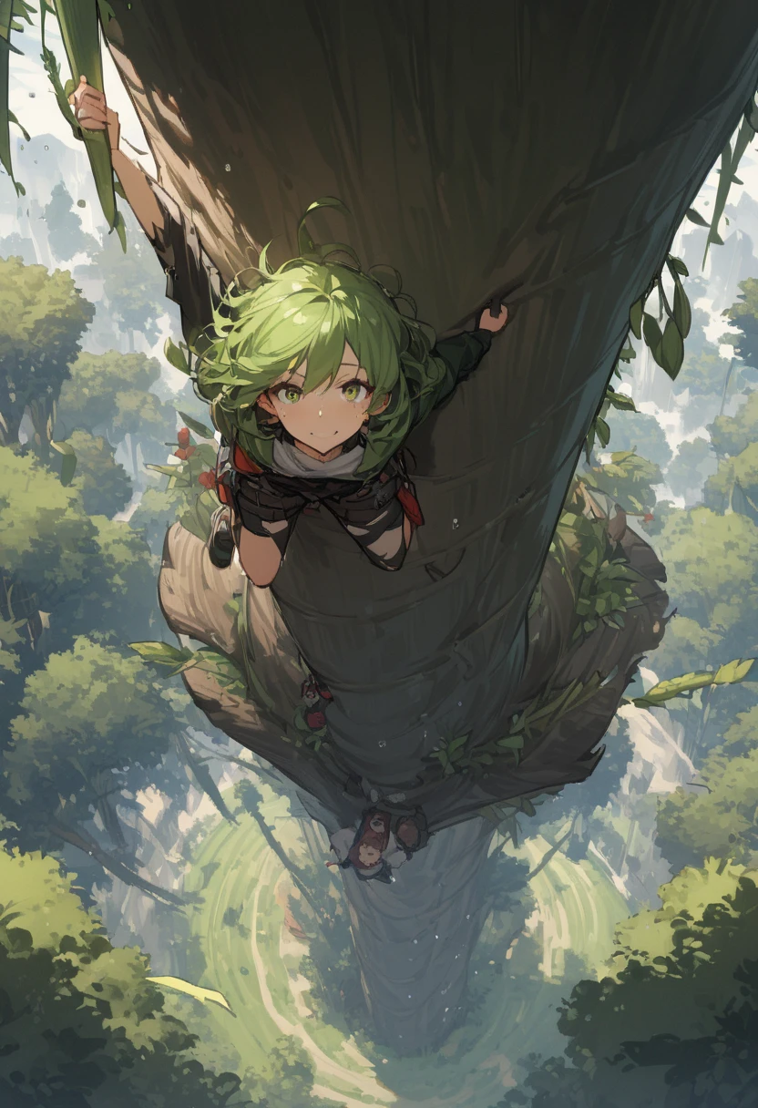 masterpiece, best quality, ultra detailed, score_9, score_8_up, score_7_up, score_6_up, score_5_up, score_4_up, 1girl, 1girl, Girl climbing giant beanstalk\(tree\), climbing giant bean tree\(Jack and the Beanstalk\), view from above, beanstalk\(Jack and the Beanstalk\), climbing tree, short curly hair girl, beautiful eyes, determined face, hand holding the bean tree, ((dynamic climbing action:1.3)), ((reaching up to above bean tree with one hand:1.2)), ((legs braced against bean tree:1.2)), ((looking up with determined expression:1.2)), (bean_tree climbing pose), (( tensed:1.1)), (torn clothes from climbing:1.1), ((wind-blown hair and clothes)), (strain in face:1.1), sweat drops, ((gigantic twisted beanstalk tree trunk:1.2)), (magical beanstalk\(tree\) features), (torn sleeves showing effort:1.1), ((hands gripping beanstalk trunk:1.2)), suspended in mid-climb, (perfect anatomy:1.2), (detailed muscle definition:1.1) , \(Jack and the Beanstalk\), green color bean tree:1.2, 

drawn by krenz:1.2, drawn by guweiz:1.1, drawn by atdan:1.0, nj (nlnj):1.2, nj (annj):1.1, nj (tknj):1.0, rim light:1.15

