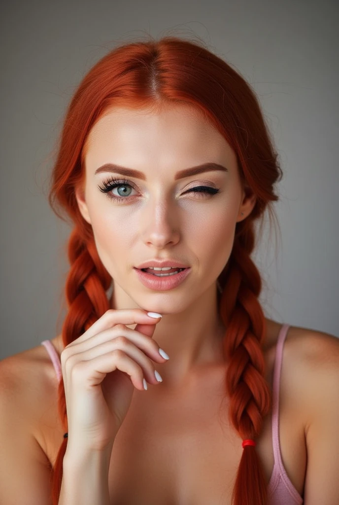 One eye closed, wink, woman, redhead, twin braids, thick eyebrows, hand on chin pose, mouth slightly open