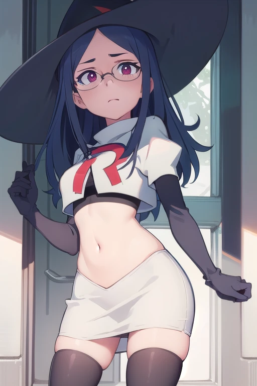 (((pixel-perfect, detail-perfect))), solo, 1girl, ursula callistis, witch, looking at viewer, glasses, team rocket,team rocket uniform,white skirt,red letter R,crop top,black thigh-highs,black elbow gloves, witch hat, cowboy shot,