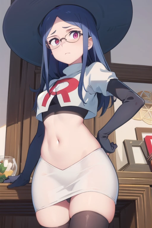 (((pixel-perfect, detail-perfect))), solo, 1girl, ursula callistis, witch, looking at viewer, glasses, team rocket,team rocket uniform,white skirt,red letter R,crop top,black thigh-highs,black elbow gloves, witch hat, cowboy shot,