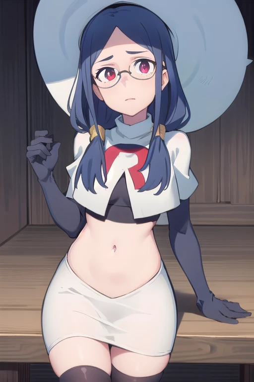 (((pixel-perfect, detail-perfect))), solo, 1girl, ursula callistis, witch, looking at viewer, glasses, team rocket,team rocket uniform,white skirt,red letter R,crop top,black thigh-highs,black elbow gloves, witch hat, cowboy shot,