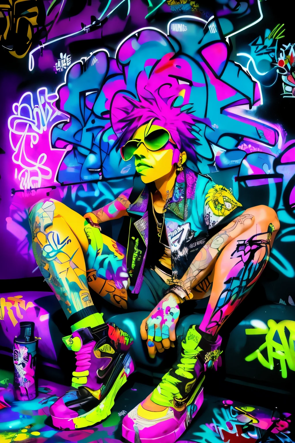 HD, (Best Detail) (Best Quality), Aalfi woman in sunglasses sitting in chair on sofa, (((Graffiti art))), (((Trigger studio style, graffiti art, rock punk, neon colors))), Carne Griffiths