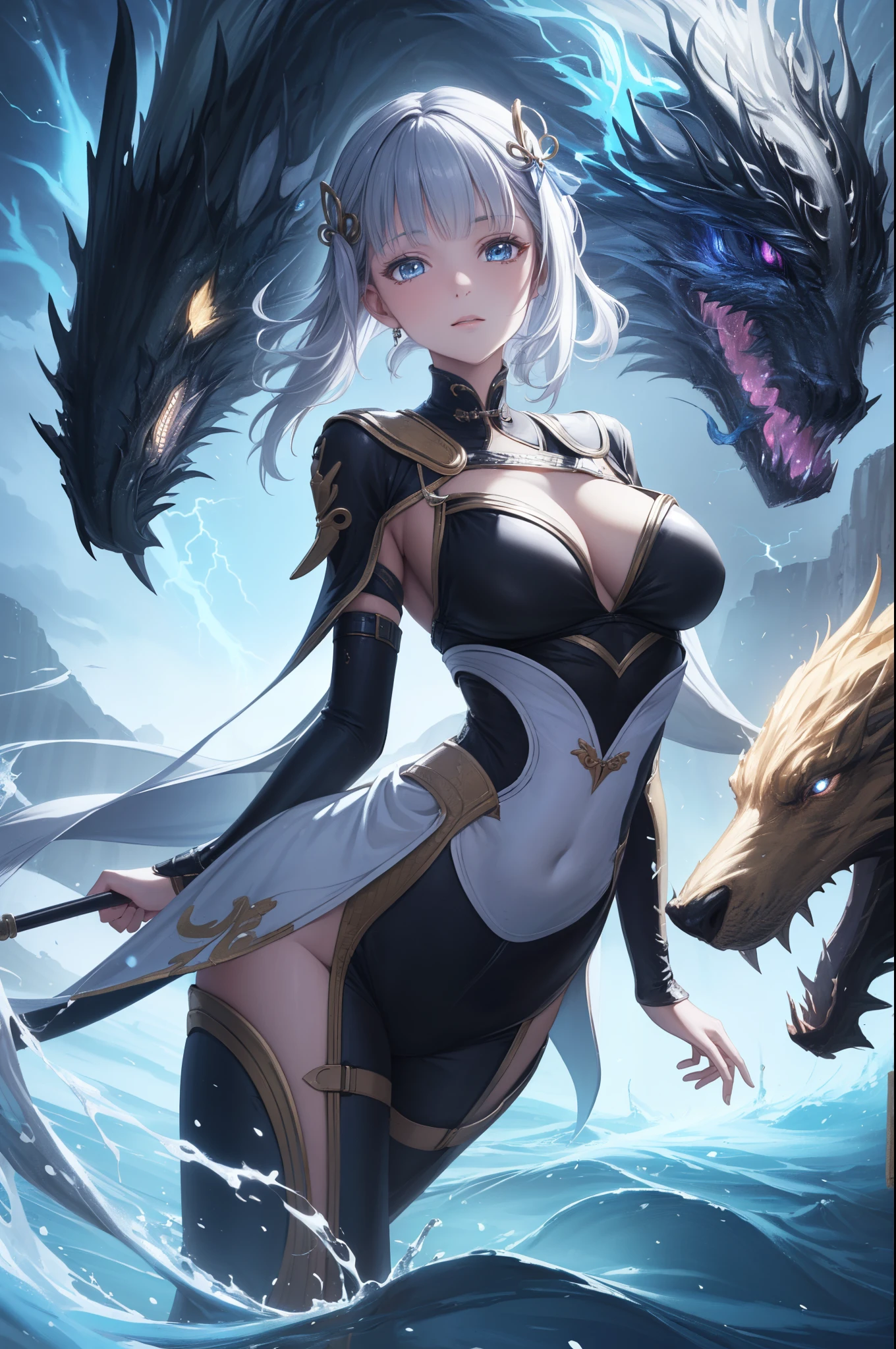 ( Best Quality ,4K,8k, high resolution ,masterpiece:1.2), extremely detailed,Mature Woman,, magic ,Charm,joy, Holy Goddess , magic al effect,Silver Hair, blue eyes,One-piece rubber suit，boots，Thunder and Lightning，dragon，fighting