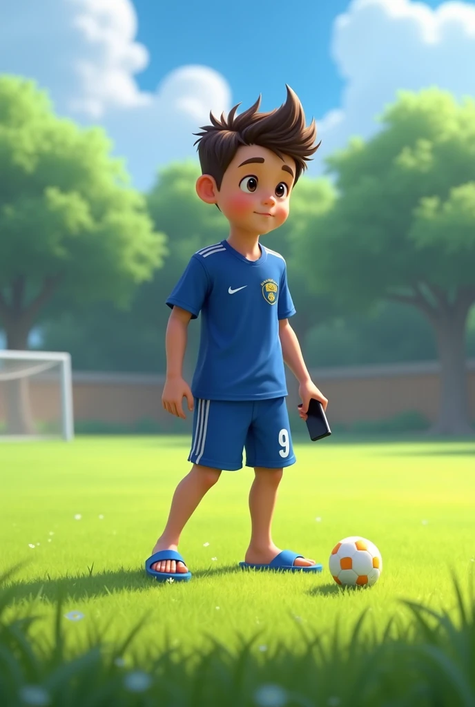 7-year-old boy, dreaming of being a football player, he is light brown, has short black hair, is sitting, with the soccer ball between his legs