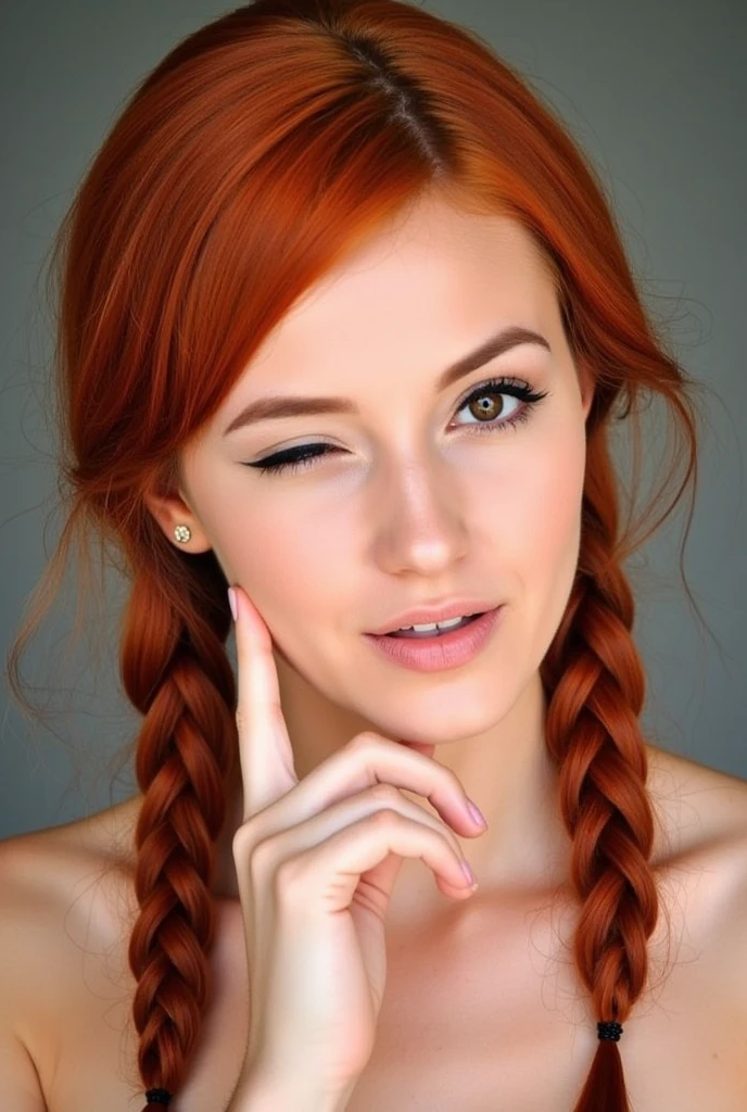 One eye closed, wink, woman, redhead, twin braids, thick eyebrows, hand on chin pose, mouth slightly open