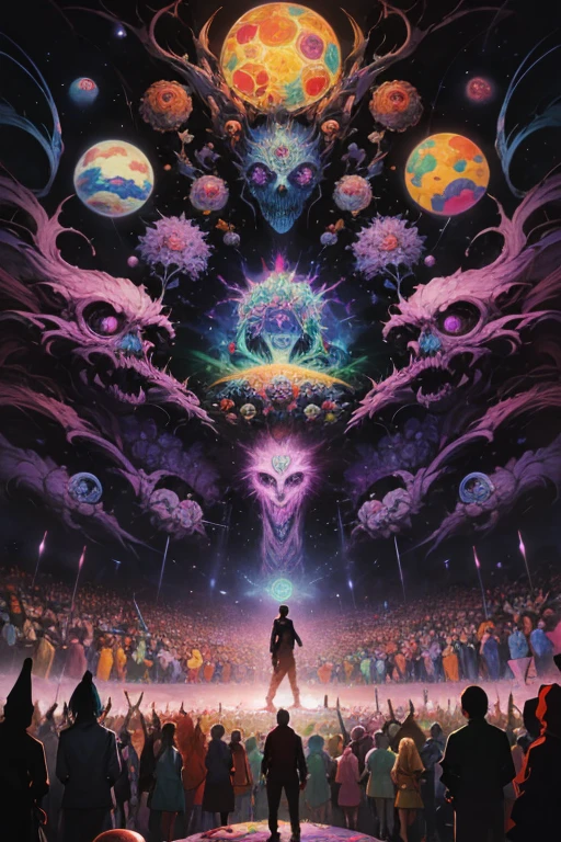  painting of a man standing in front of a crowd, Hallucinatory Art ,  Psychedelic Surreal Art , Shamanistic horror LSD art,  surreal art of fear , dmt death of ego,  psychedelic cosmic horror , DMT egodeth ,  Shamanism DMT Horror Art ,  ultra-detailed fantastic art ,  highly detailed visionary art , Tool Band Art, Style Alex Grey 